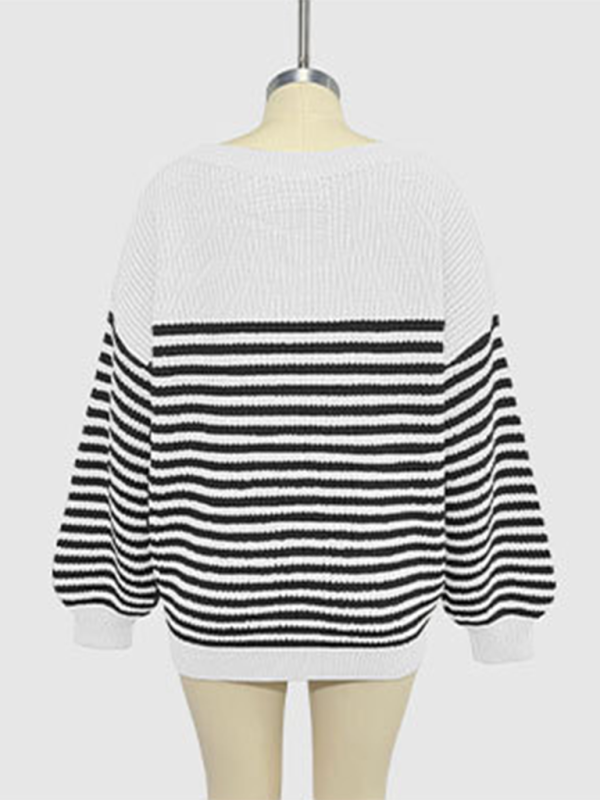 Blue Zone Planet | Fashion striped color block knitted long sleeve round neck sweater-TOPS / DRESSES-[Adult]-[Female]-2022 Online Blue Zone Planet