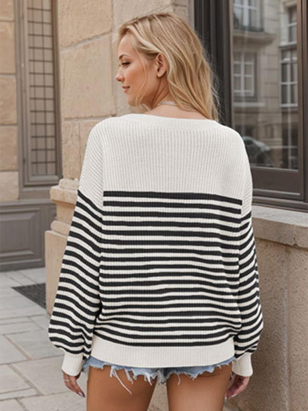 Blue Zone Planet | Fashion striped color block knitted long sleeve round neck sweater-TOPS / DRESSES-[Adult]-[Female]-2022 Online Blue Zone Planet