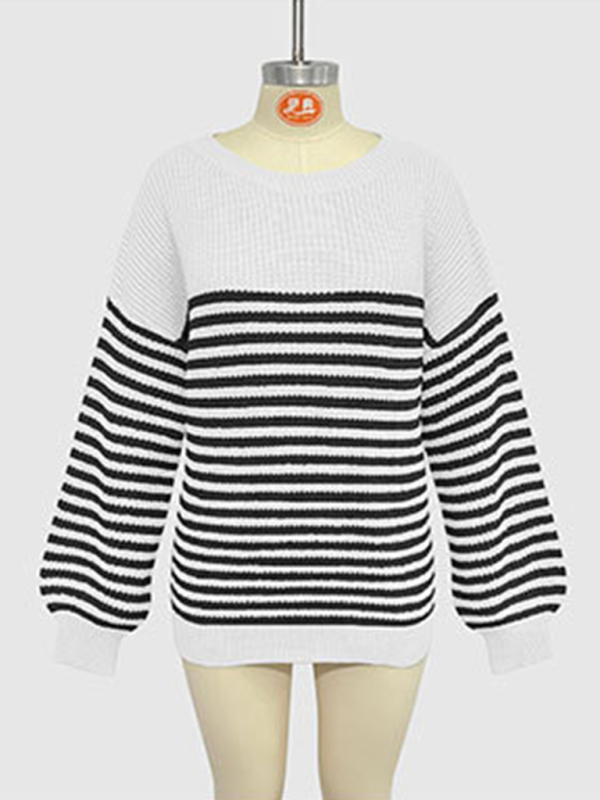 Blue Zone Planet | Fashion striped color block knitted long sleeve round neck sweater-TOPS / DRESSES-[Adult]-[Female]-2022 Online Blue Zone Planet