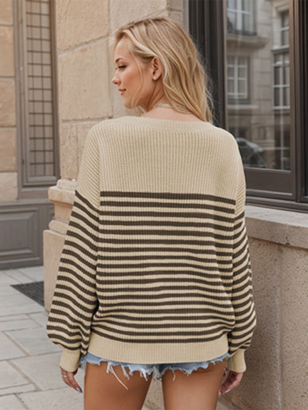 Blue Zone Planet | Fashion striped color block knitted long sleeve round neck sweater-TOPS / DRESSES-[Adult]-[Female]-2022 Online Blue Zone Planet