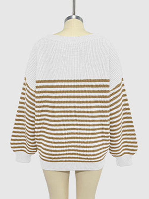 Blue Zone Planet | Fashion striped color block knitted long sleeve round neck sweater-TOPS / DRESSES-[Adult]-[Female]-2022 Online Blue Zone Planet