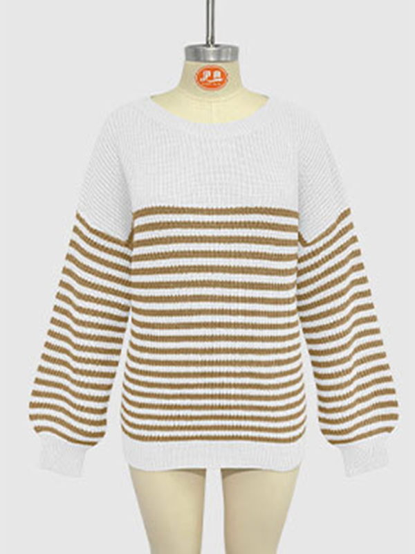 Blue Zone Planet | Fashion striped color block knitted long sleeve round neck sweater-TOPS / DRESSES-[Adult]-[Female]-2022 Online Blue Zone Planet