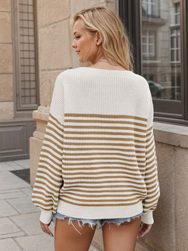 Blue Zone Planet | Fashion striped color block knitted long sleeve round neck sweater-TOPS / DRESSES-[Adult]-[Female]-2022 Online Blue Zone Planet