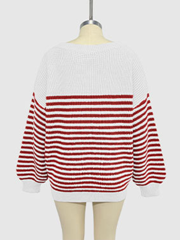 Blue Zone Planet | Fashion striped color block knitted long sleeve round neck sweater-TOPS / DRESSES-[Adult]-[Female]-2022 Online Blue Zone Planet