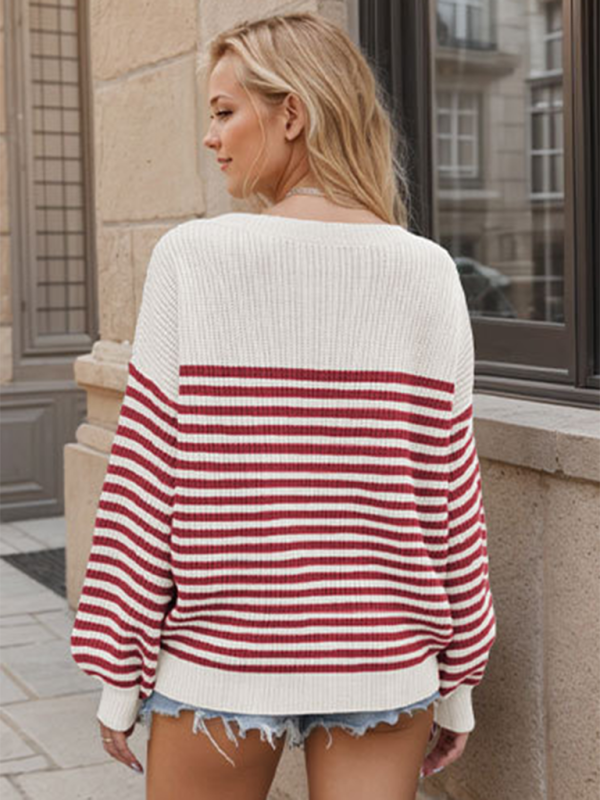 Blue Zone Planet | Fashion striped color block knitted long sleeve round neck sweater-TOPS / DRESSES-[Adult]-[Female]-2022 Online Blue Zone Planet