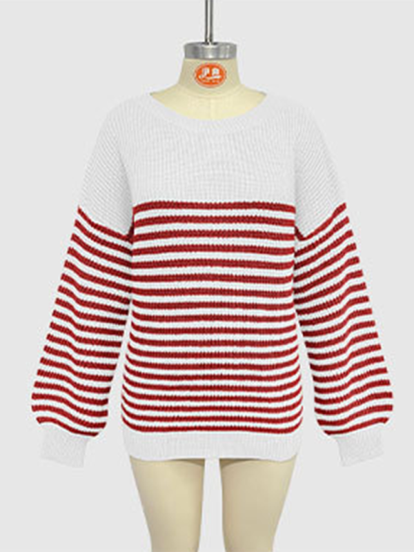 Blue Zone Planet | Fashion striped color block knitted long sleeve round neck sweater-TOPS / DRESSES-[Adult]-[Female]-2022 Online Blue Zone Planet