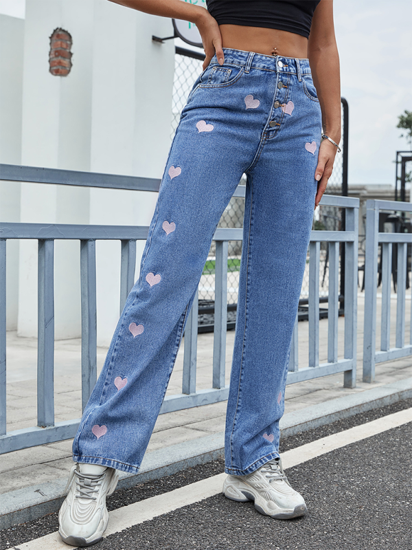 Blue Zone Planet | Fashion Love Heart Embroidery High Waist Straight Jeans Trousers-TOPS / DRESSES-[Adult]-[Female]-2022 Online Blue Zone Planet