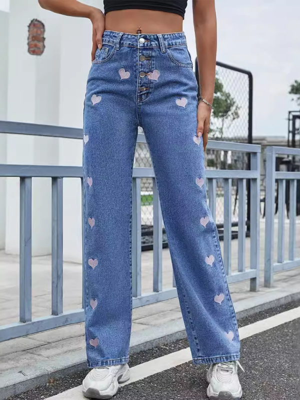 Blue Zone Planet | Fashion Love Heart Embroidery High Waist Straight Jeans Trousers-TOPS / DRESSES-[Adult]-[Female]-2022 Online Blue Zone Planet