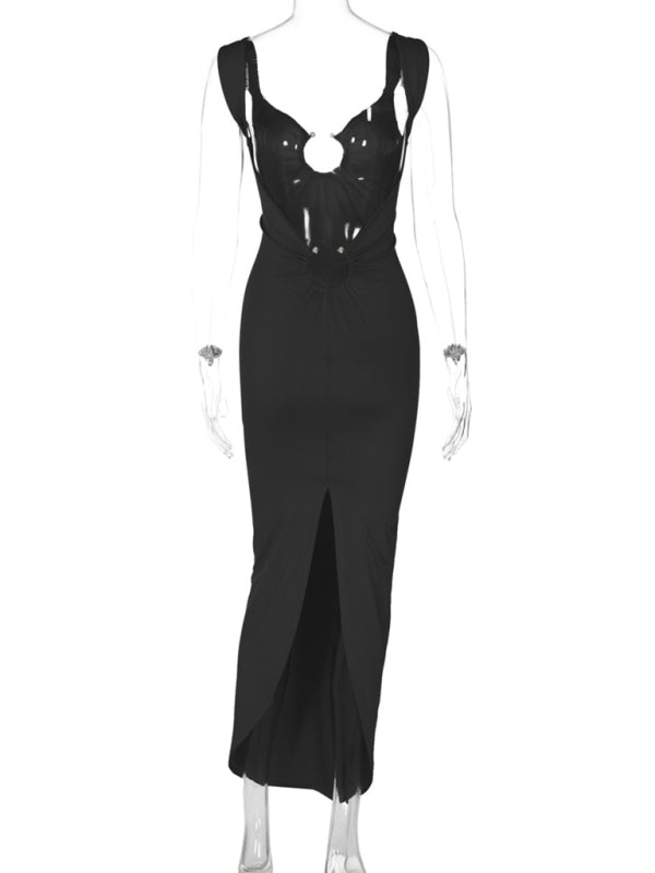 Blue Zone Planet | Sexy V-neck backless slit slim dress-TOPS / DRESSES-[Adult]-[Female]-2022 Online Blue Zone Planet
