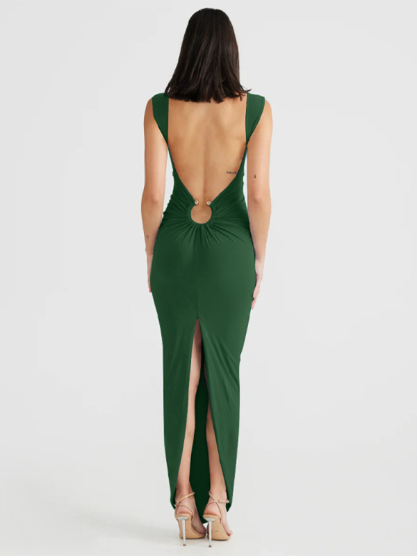 Blue Zone Planet | Sexy V-neck backless slit slim dress-TOPS / DRESSES-[Adult]-[Female]-2022 Online Blue Zone Planet