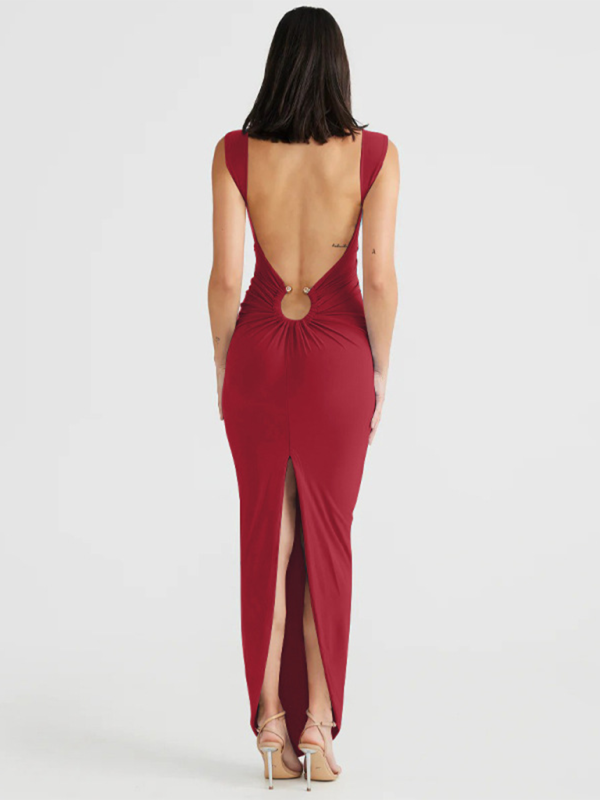 Blue Zone Planet | Sexy V-neck backless slit slim dress-TOPS / DRESSES-[Adult]-[Female]-2022 Online Blue Zone Planet