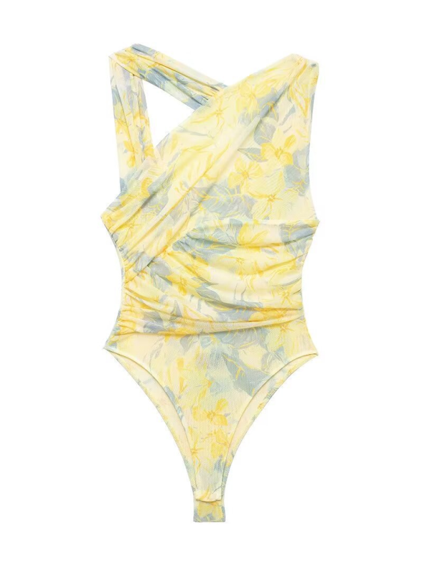 Blue Zone Planet | asymmetric pleated tulle bodysuit-TOPS / DRESSES-[Adult]-[Female]-Light yellow-S-2022 Online Blue Zone Planet