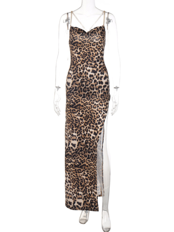 Blue Zone Planet | Leopard Print Slim Backless Chain Strap Midi Dress-TOPS / DRESSES-[Adult]-[Female]-2022 Online Blue Zone Planet