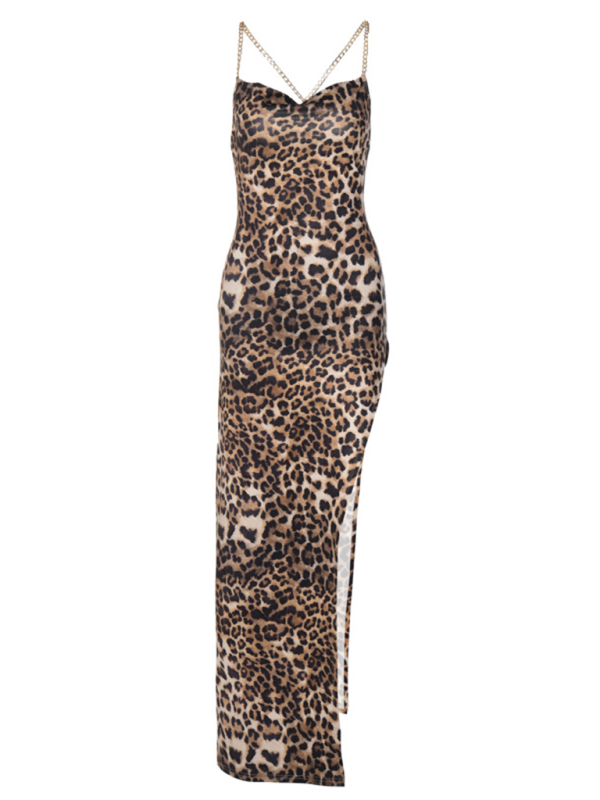 Blue Zone Planet | Leopard Print Slim Backless Chain Strap Midi Dress-TOPS / DRESSES-[Adult]-[Female]-2022 Online Blue Zone Planet