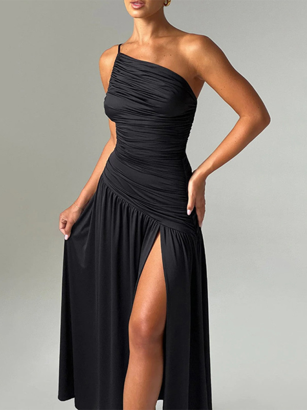 Strapless off-shoulder gathered slit A-line dress-[Adult]-[Female]-2022 Online Blue Zone Planet