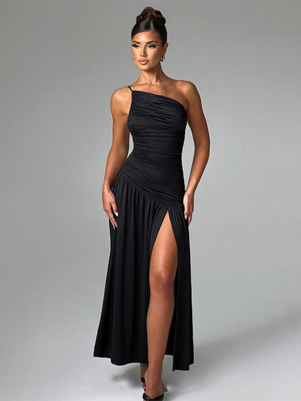 Strapless off-shoulder gathered slit A-line dress-[Adult]-[Female]-Black-XS-2022 Online Blue Zone Planet