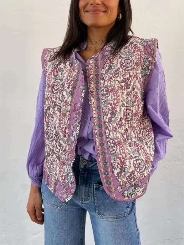 Vintage Print Quilted Cotton Vest-[Adult]-[Female]-Purple-S-2022 Online Blue Zone Planet