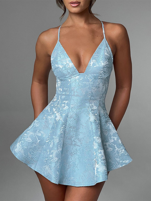 Deep V Slim Jacquard A-Line Dress-[Adult]-[Female]-Blue-S-2022 Online Blue Zone Planet