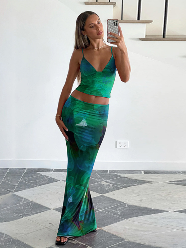 Nina's Floral Print V-Neck Crop Top Slim Maxi Skirt Suit-TOPS / DRESSES-[Adult]-[Female]-Green-S-2022 Online Blue Zone Planet