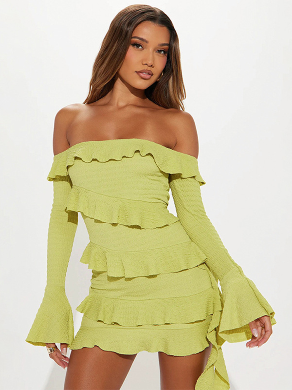 One-shoulder ruffled trumpet sleeve ribbon dress-[Adult]-[Female]-Green-S-2022 Online Blue Zone Planet