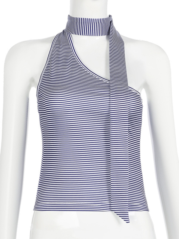 Slant collar irregular halter neck striped vest-[Adult]-[Female]-Purplish blue navy-S-2022 Online Blue Zone Planet