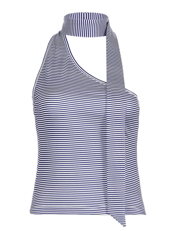 Slant collar irregular halter neck striped vest-[Adult]-[Female]-2022 Online Blue Zone Planet