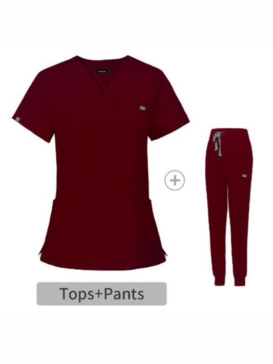 V-neck short-sleeved hospital nurse suit female operating room washing clothes-[Adult]-[Female]-Wine Red-XS-2022 Online Blue Zone Planet