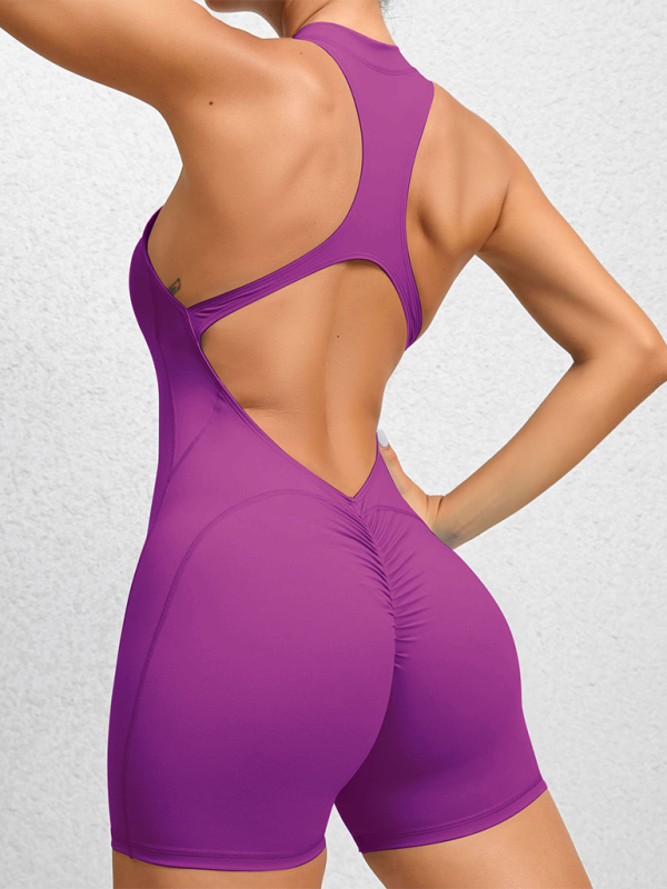 Tight zippered sports yoga pants peach hips one-piece quick-drying pleated fitness Jumpsuit-[Adult]-[Female]-2022 Online Blue Zone Planet