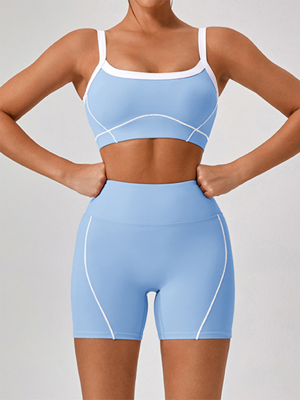 Skinny outdoor sports spaghetti strap contrast color spaghetti strap bra + shorts Yoga suit-[Adult]-[Female]-2022 Online Blue Zone Planet