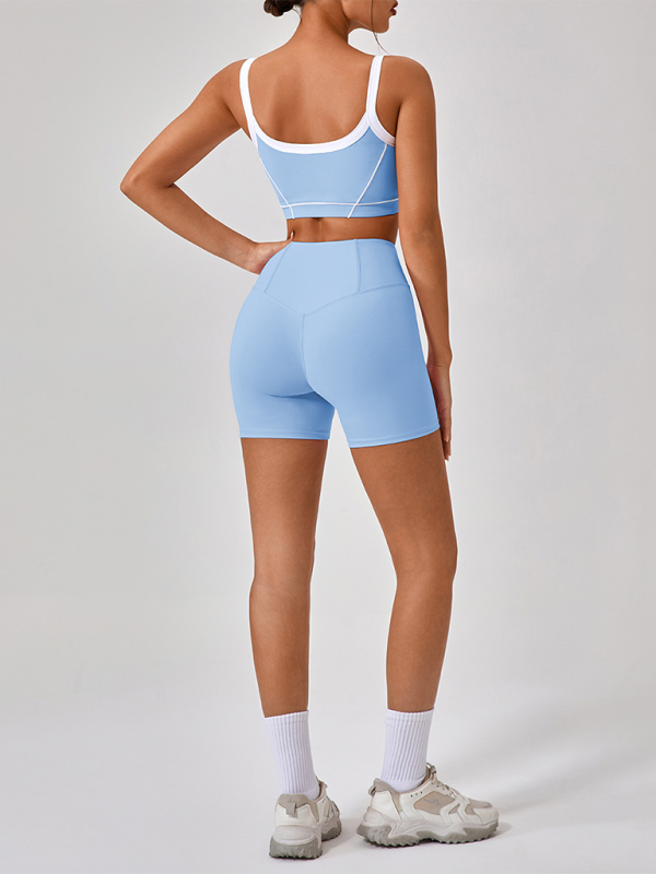 Skinny outdoor sports spaghetti strap contrast color spaghetti strap bra + shorts Yoga suit-[Adult]-[Female]-2022 Online Blue Zone Planet