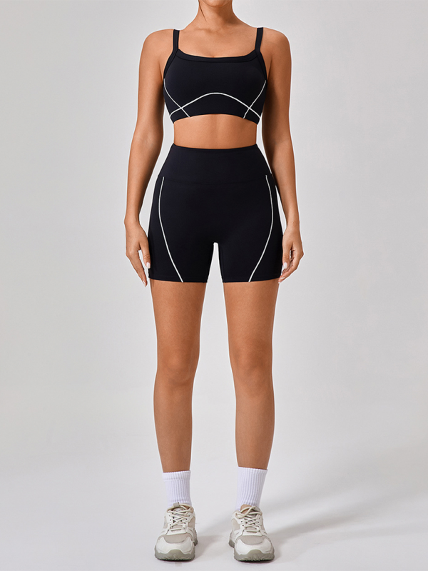 Skinny outdoor sports spaghetti strap contrast color spaghetti strap bra + shorts Yoga suit-[Adult]-[Female]-Black-S-2022 Online Blue Zone Planet