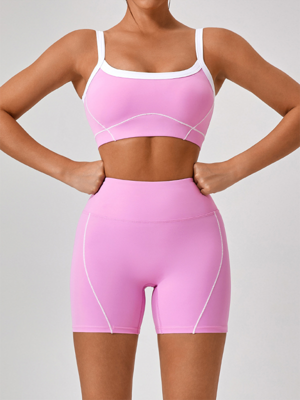 Skinny outdoor sports spaghetti strap contrast color spaghetti strap bra + shorts Yoga suit-[Adult]-[Female]-2022 Online Blue Zone Planet