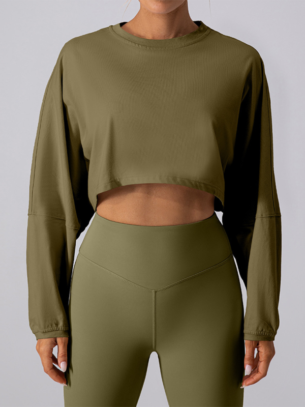 Round neck sweatshirt T-shirt sports short base shirt yoga running loose long sleeve top-[Adult]-[Female]-Olive green-S-2022 Online Blue Zone Planet