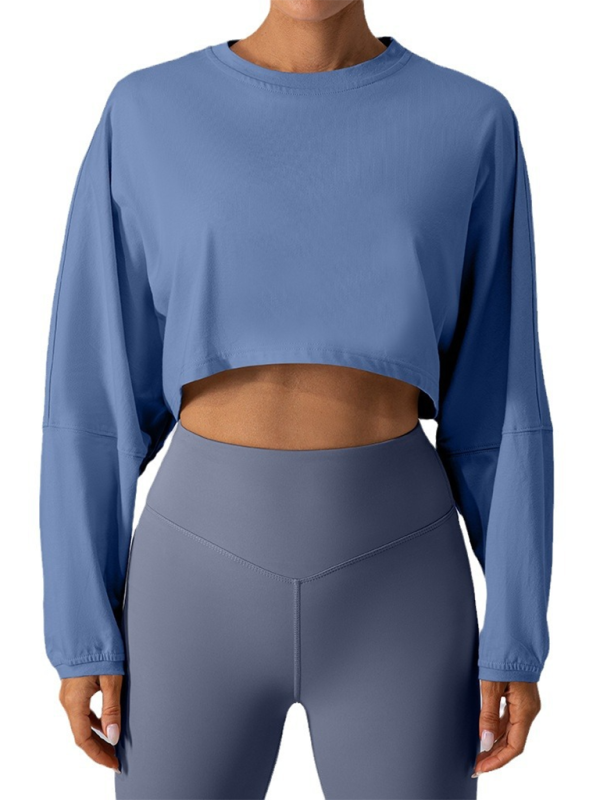 Round neck sweatshirt T-shirt sports short base shirt yoga running loose long sleeve top-[Adult]-[Female]-Blue grey-S-2022 Online Blue Zone Planet