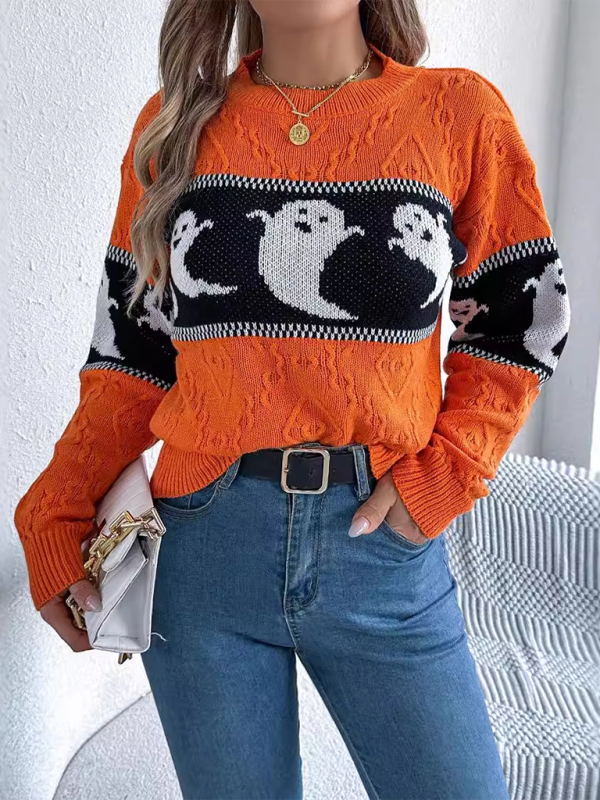 Blue Zone Planet | Lil's Halloween Spooky Color Clash Knit Long Sleeve Pullover Sweater-TOPS / DRESSES-[Adult]-[Female]-Orange-S-2022 Online Blue Zone Planet