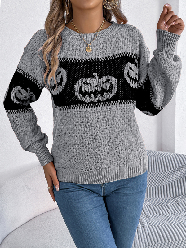 Blue Zone Planet | Halloween Pumpkin Color Block Knit Long Sleeve Pullover Sweater-TOPS / DRESSES-[Adult]-[Female]-2022 Online Blue Zone Planet