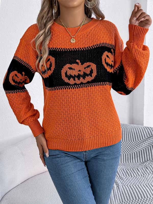 Blue Zone Planet | Halloween Pumpkin Color Block Knit Long Sleeve Pullover Sweater-TOPS / DRESSES-[Adult]-[Female]-2022 Online Blue Zone Planet