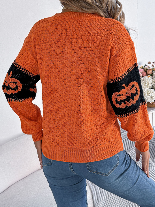 Blue Zone Planet | Halloween Pumpkin Color Block Knit Long Sleeve Pullover Sweater-TOPS / DRESSES-[Adult]-[Female]-2022 Online Blue Zone Planet