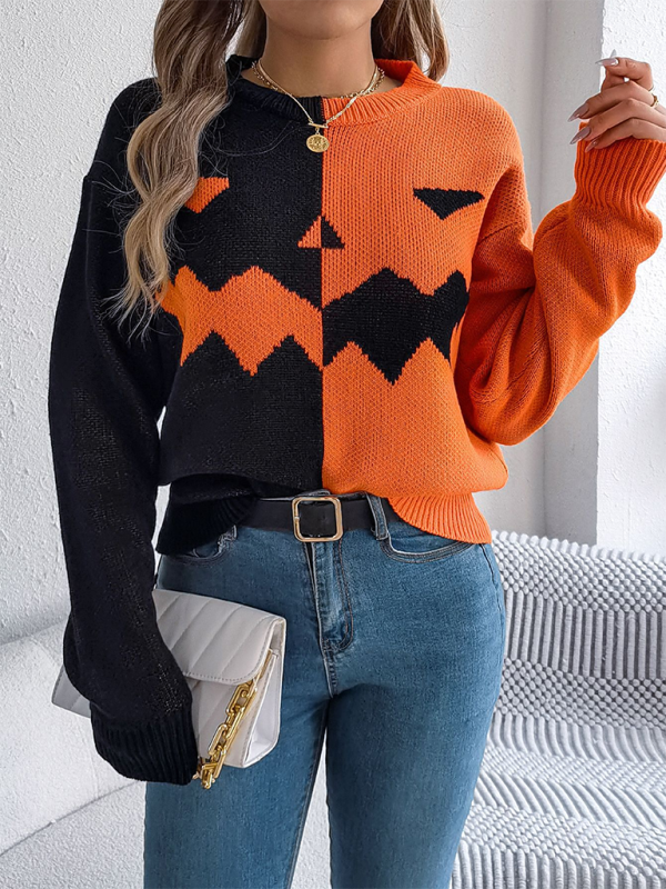 Blue Zone Planet | Rave's Halloween Spooky Pumpkin Color Clash Knit Long Sleeve Pullover-TOPS / DRESSES-[Adult]-[Female]-Orange-S-2022 Online Blue Zone Planet