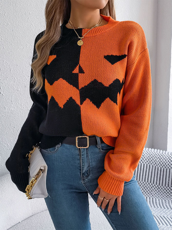 Blue Zone Planet | Rave's Halloween Spooky Pumpkin Color Clash Knit Long Sleeve Pullover-TOPS / DRESSES-[Adult]-[Female]-2022 Online Blue Zone Planet