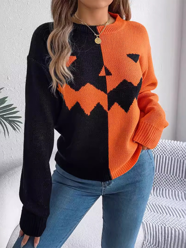 Blue Zone Planet | Rave's Halloween Spooky Pumpkin Color Clash Knit Long Sleeve Pullover-TOPS / DRESSES-[Adult]-[Female]-2022 Online Blue Zone Planet