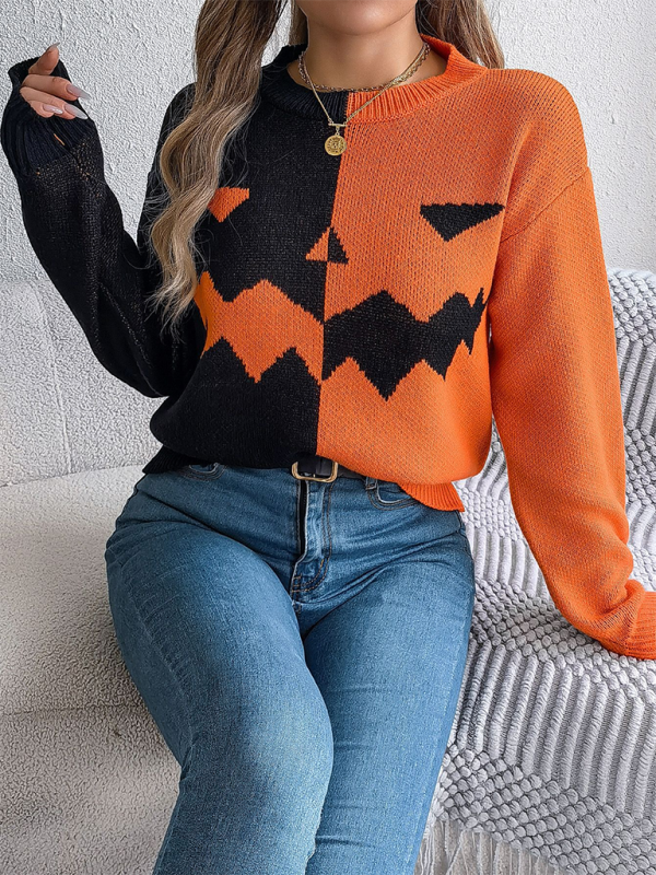 Blue Zone Planet | Rave's Halloween Spooky Pumpkin Color Clash Knit Long Sleeve Pullover-TOPS / DRESSES-[Adult]-[Female]-2022 Online Blue Zone Planet