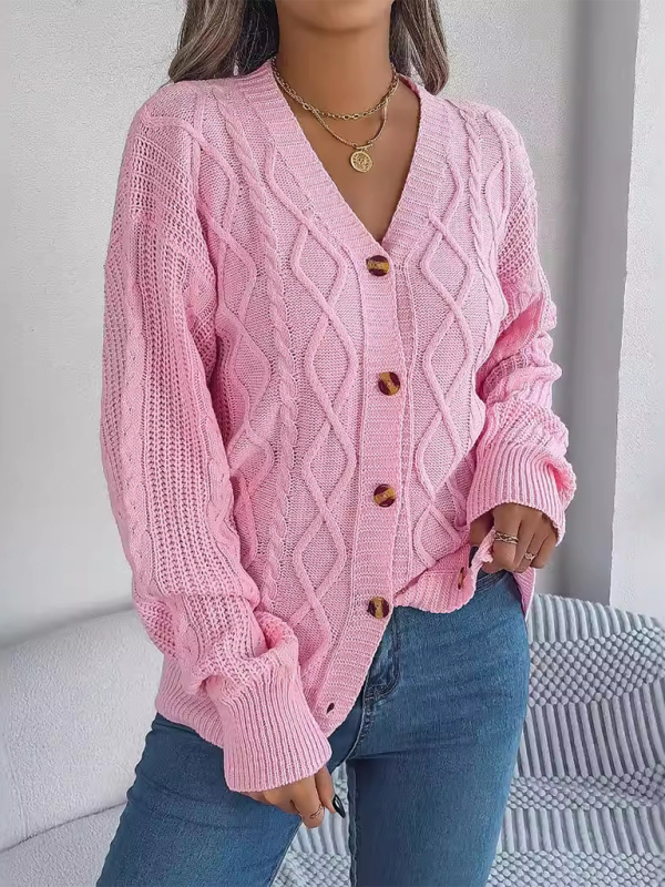 Blue Zone Planet | Casual V-neck Lantern Sleeve Twist Button Knit Cardigan Sweater Jacket-TOPS / DRESSES-[Adult]-[Female]-Pink-S-2022 Online Blue Zone Planet