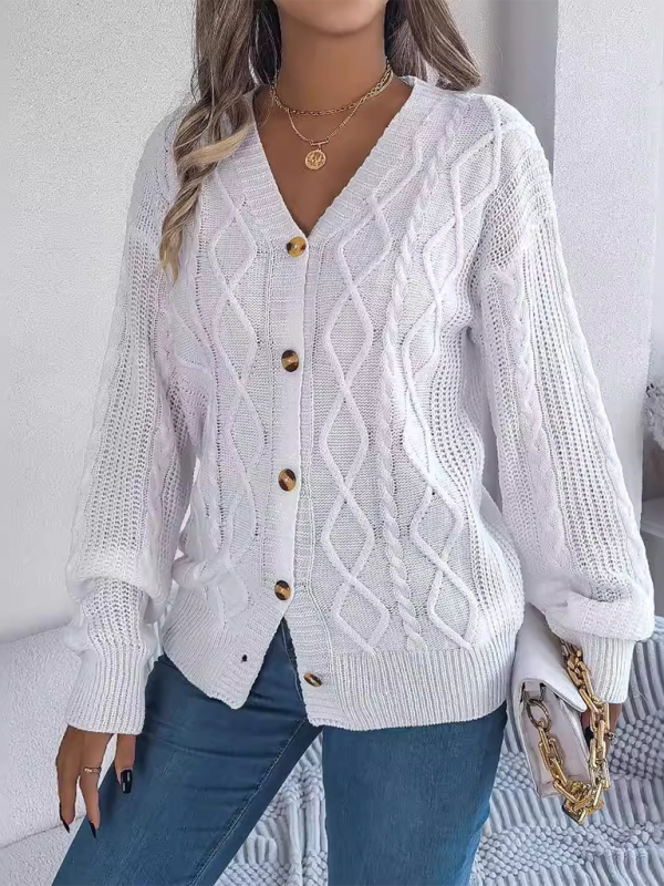 Blue Zone Planet | Casual V-neck Lantern Sleeve Twist Button Knit Cardigan Sweater Jacket-TOPS / DRESSES-[Adult]-[Female]-White-S-2022 Online Blue Zone Planet