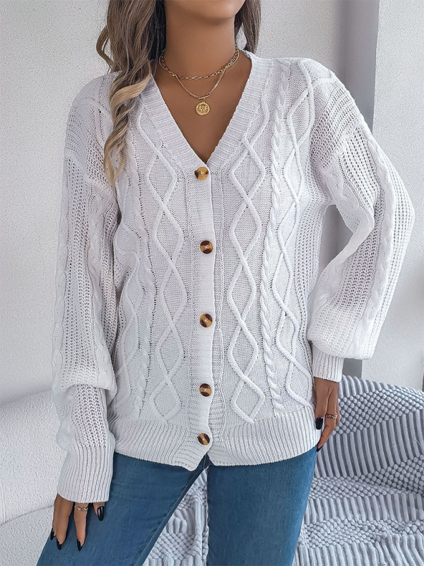 Blue Zone Planet | Casual V-neck Lantern Sleeve Twist Button Knit Cardigan Sweater Jacket-TOPS / DRESSES-[Adult]-[Female]-2022 Online Blue Zone Planet