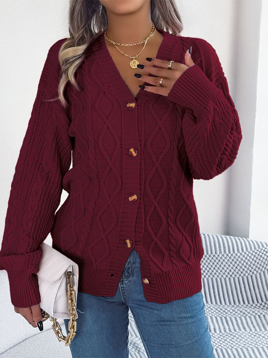 Blue Zone Planet | Casual V-neck Lantern Sleeve Twist Button Knit Cardigan Sweater Jacket-TOPS / DRESSES-[Adult]-[Female]-Wine Red-S-2022 Online Blue Zone Planet