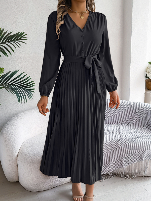 Blue Zone Planet | Elegant V-neck Button Tie Hem Pleated Long Dress Dresses-TOPS / DRESSES-[Adult]-[Female]-2022 Online Blue Zone Planet