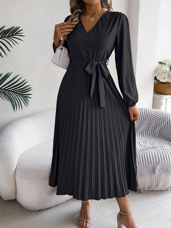 Blue Zone Planet | Elegant V-neck Button Tie Hem Pleated Long Dress Dresses-TOPS / DRESSES-[Adult]-[Female]-Black-S-2022 Online Blue Zone Planet