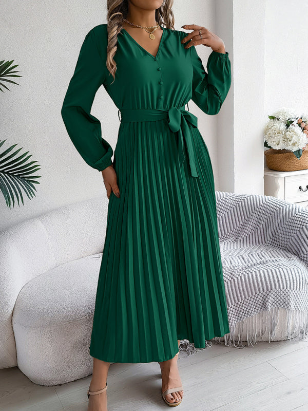 Blue Zone Planet | Elegant V-neck Button Tie Hem Pleated Long Dress Dresses-TOPS / DRESSES-[Adult]-[Female]-Green black jasper-S-2022 Online Blue Zone Planet