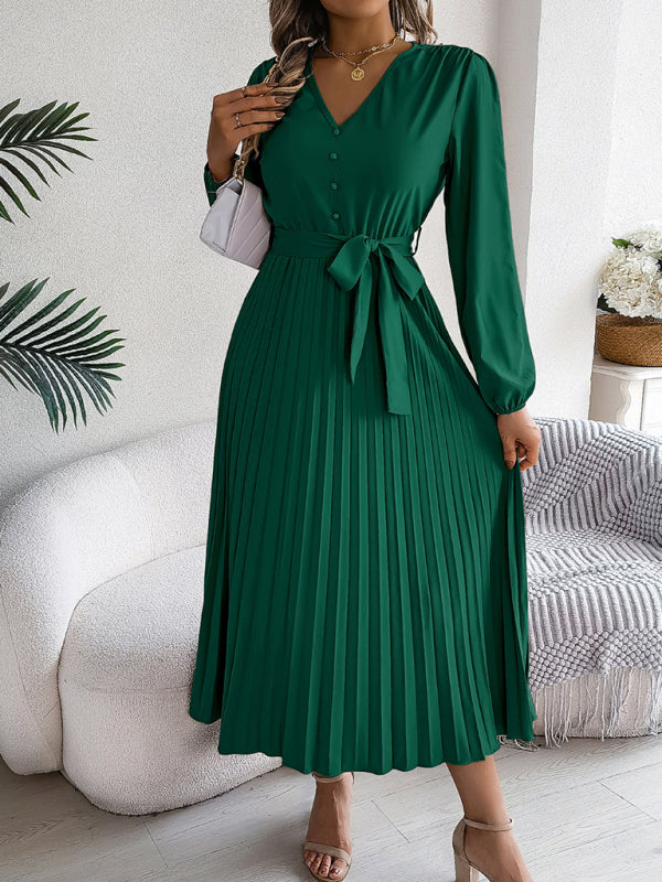 Blue Zone Planet | Elegant V-neck Button Tie Hem Pleated Long Dress Dresses-TOPS / DRESSES-[Adult]-[Female]-2022 Online Blue Zone Planet